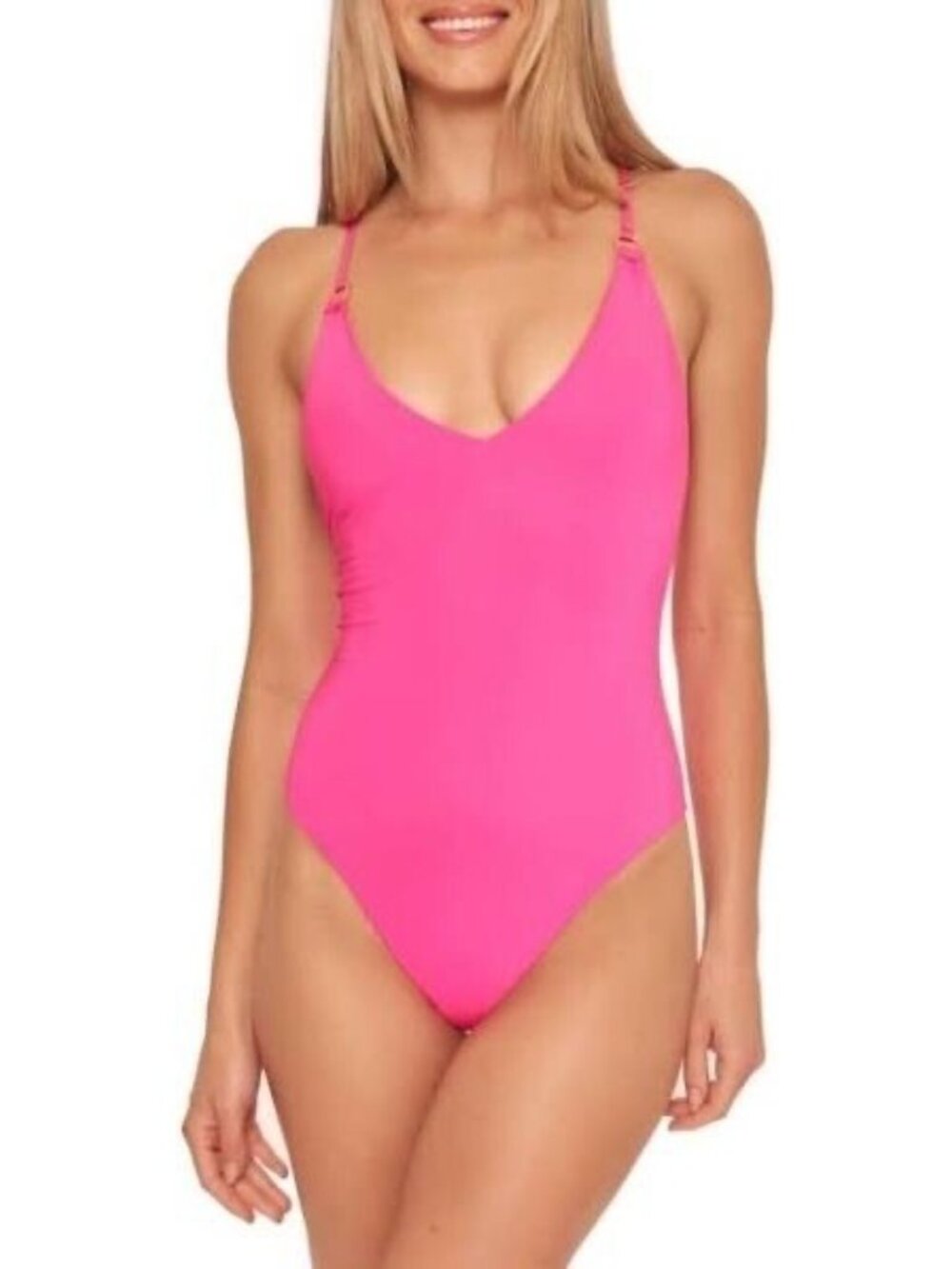 Trina Turk Womens One Piece Swimsuit Size 12 Hot Pink V Neck Removable Cups New